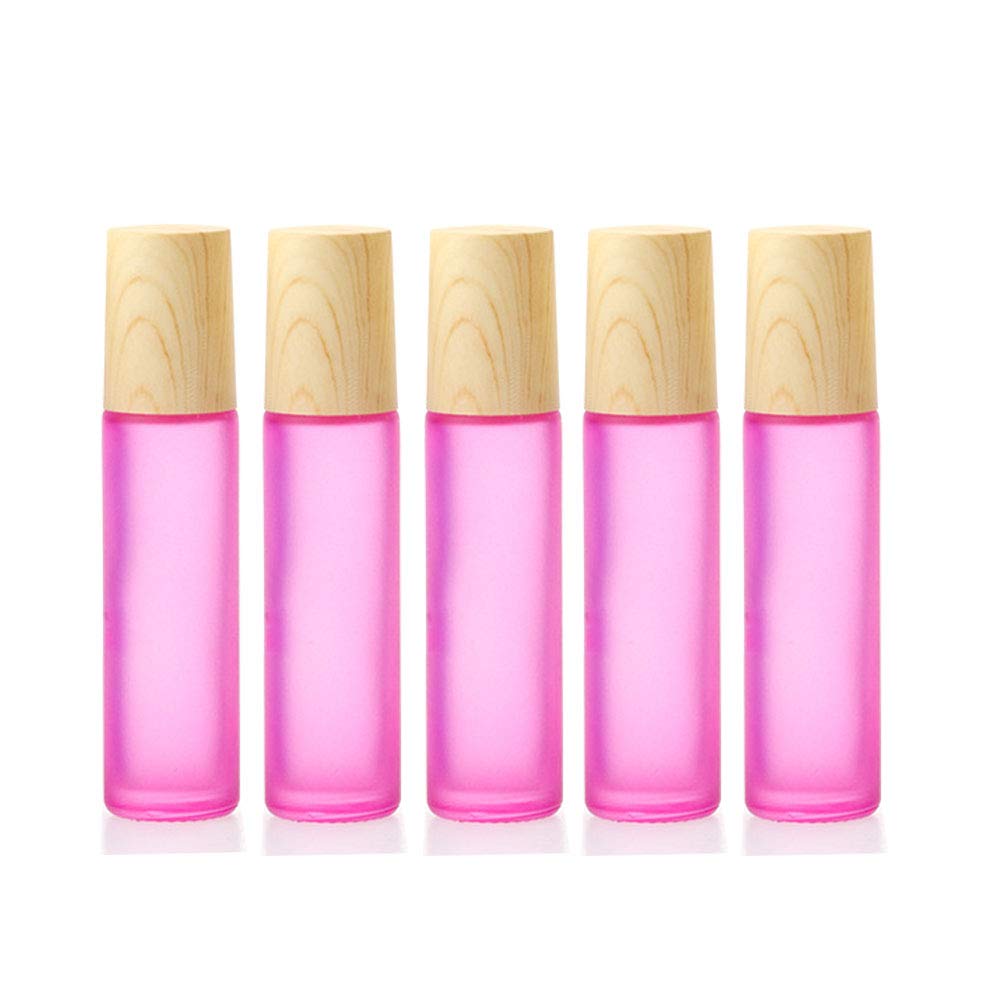 Essential Oil Roller Bottles, 5 Pack 10ml Frosted Glass with Stainless Steel Roller Balls, Wood Grain Lid Perfume Roll-on Bottles (Pink)