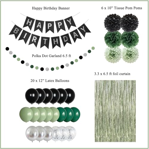 Sage Green & Black Happy Birthday Party Decorations Set - Banner, Balloons, Pom Poms & Curtain