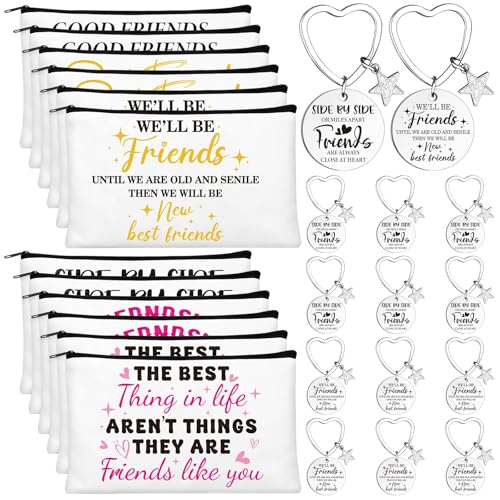 24-Piece Friendship Gift Set: 12 Canvas Makeup Bags & 12 Stainless Keychains