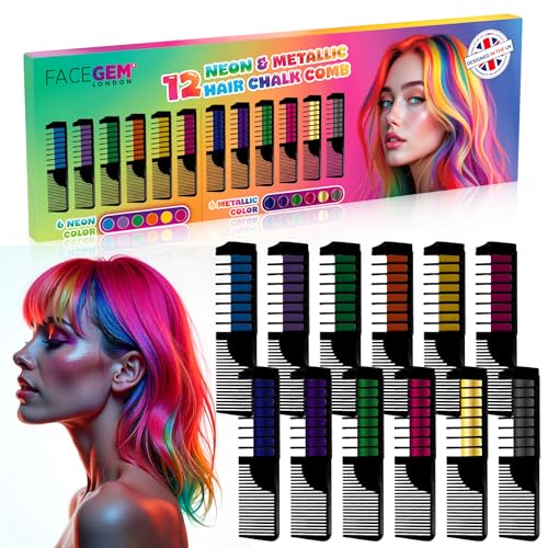 FACEGEM LONDON 12-Color Neon & Metallic Hair Chalk Set - Non-Toxic & Washable