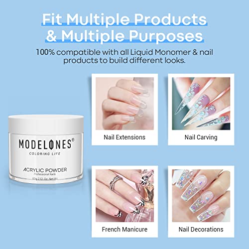 Modelones 2.12oz Transparent Clear Acrylic Powder for Nails - Non-Yellowing Formula, Quick Air-Dry, No Lamp Needed (2.12 Ounce / Transparent Crystal)