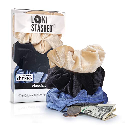 3-Pack Velvet Hair Tie Scrunchies with Hidden Zipper Pocket - Navy, Tan, Black