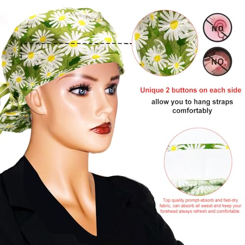 Aoolii Care Green Chrysanthemum Scrub Cap with Buttons & Sweatband - Adjustable Tie Back, One Size