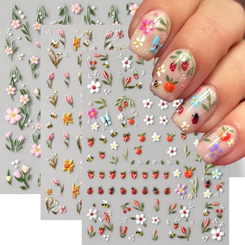 5D Summer Nail Stickers - Floral Bee & Ladybug Decals (3 Sheets)