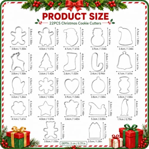 22-Piece Mini Christmas Cookie Cutter Set - Stainless Steel Shapes