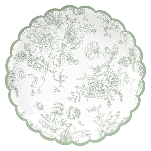 Sage Green Floral Paper Plates - 9in Scalloped, 24 Count