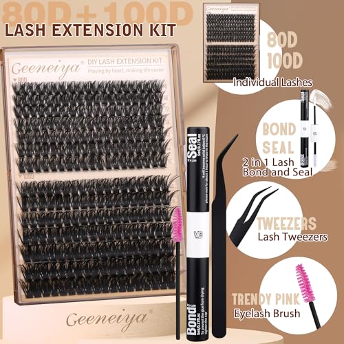 Geeneiya White Lash Bond & Seal Kit with Cluster Lashes 10-16mm DIY Eyelash Extensions