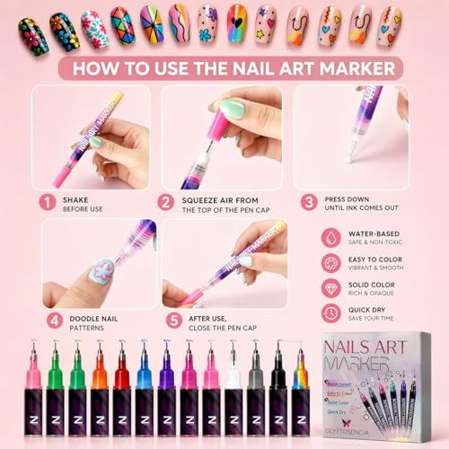 12 Color Nail Art Pens Set - 0.5MM Precision Markers for Adults & Kids