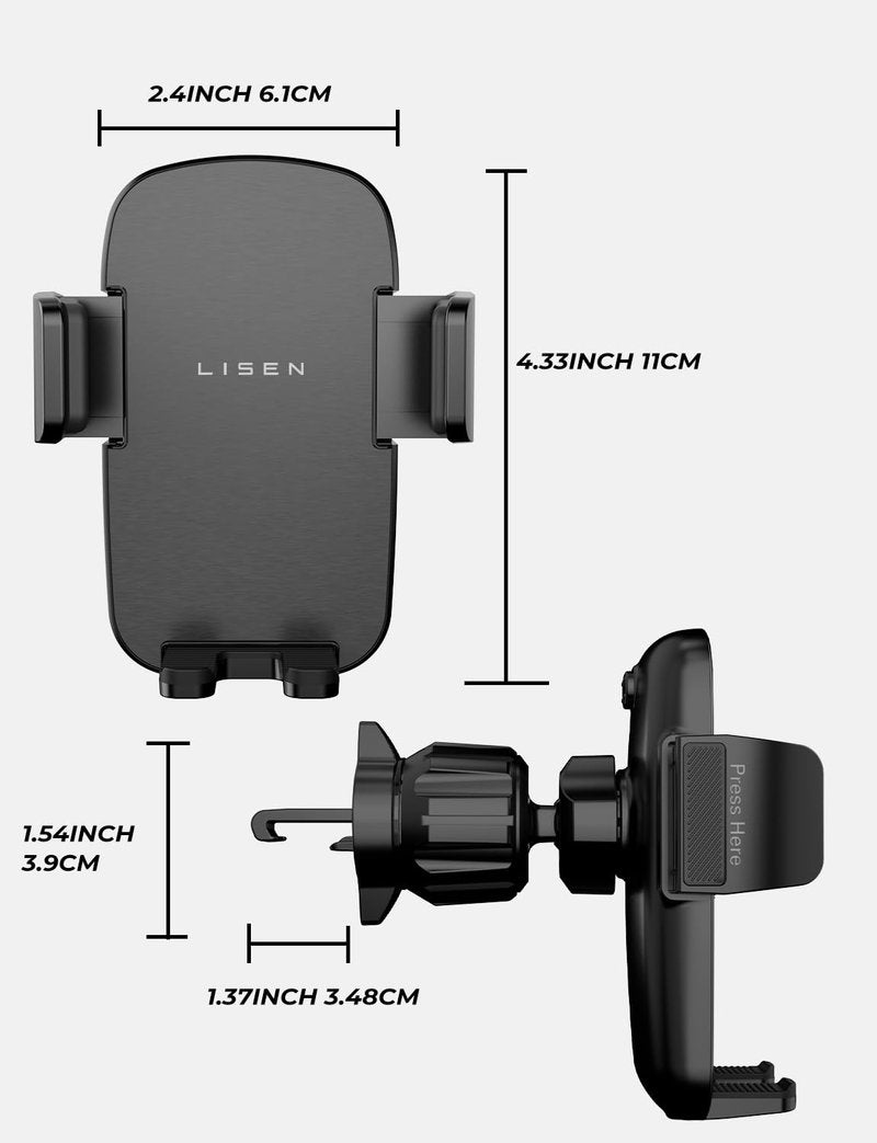 LISEN Car Vent Phone Mount, Upgrade Phone Holders for Your Car Vent Wider Clamp & Metal Hook Phone Holder [Thick Cases Friendly] 360° Rotation, Air Vent Car Phone Mount for iPhone Smartphones Kits