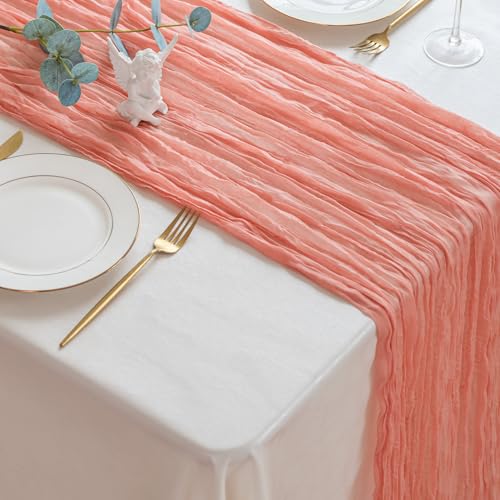 Dusty Coral Cheesecloth Table Runner - 120 x 35 Inch Boho Decor