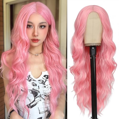 NAYOO 26 Inch Pink Wavy Synthetic Wig for Women | Heat-Resistant Cosplay & Party Wig