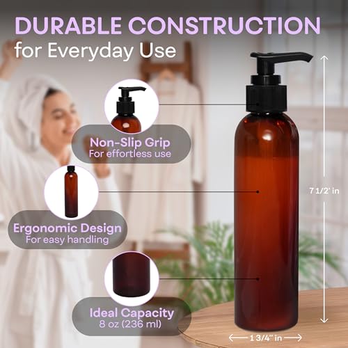 BRIGHTFROM Amber 8 OZ Refillable Plastic Lotion Pump Bottles Pack of 3