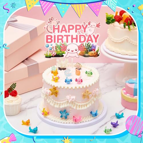 Axolotl Cake Topper Set with 22 Figurines & Seagrass - Ocean Theme Party Decorations