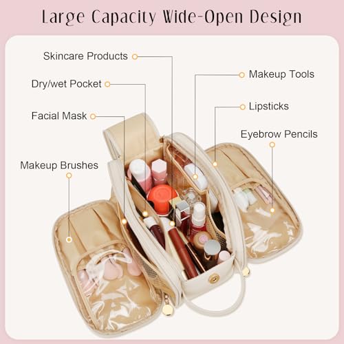 Personalized Beige Makeup Bag with Initial - Travel Toiletry Organizer