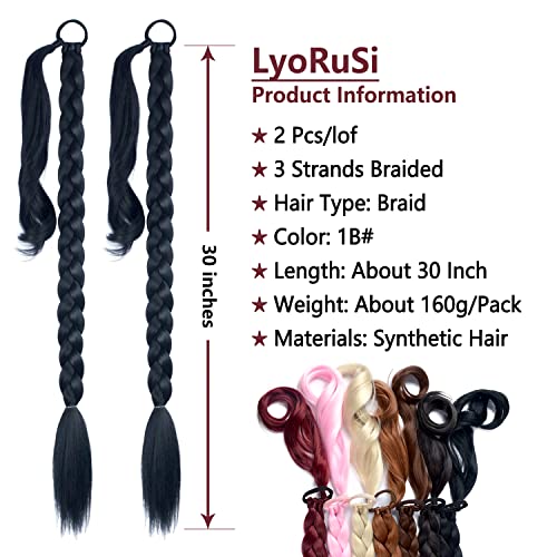 LyoRuSi 2 Pack 30 Inch Black Braided Ponytail Extensions for DIY Styling - Hair Ties Included
