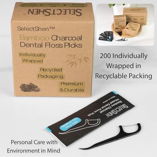 200 Pack Bamboo Charcoal Dental Floss Picks - Eco-Friendly & Shred-Resistant