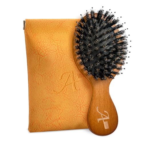 Ancable Wood Mini Round Travel Hair Brush with Boar Bristles, Kid-Friendly & Portable