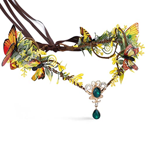 MOSTORY Elf Fairy Crown with Butterflies, Rhinestone Woodland Headpiece