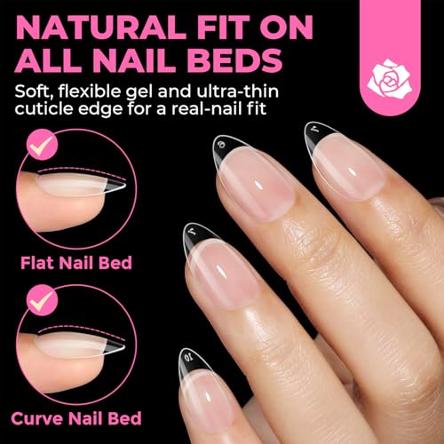 UNA GELLA Short Almond Nail Tips: 504PCS Short Fake Nails Soft Press On Gel Nail Tips Pre Shaped Almond Shape Home Nail Extension Full Cover, 12 Sizes Acrylic Gelly Tips