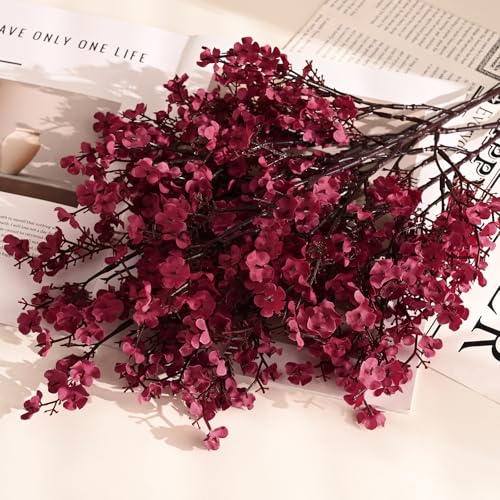 6 Real Touch Silk Baby's Breath Flowers - Wine Red Fall Stems