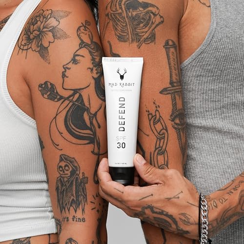 Mad Rabbit Defend Tattoo Sunscreen- SPF 30 100mL Tube- Mineral Sunscreen Lotion - Tattoo Fade Protection and Moisturizer, Anti-Aging Formula
