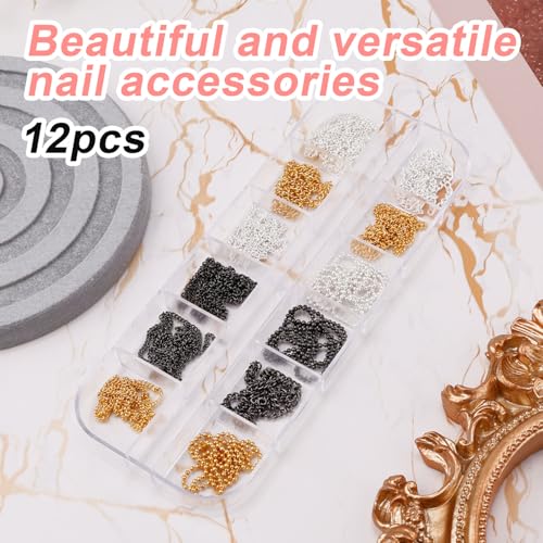 Gosknor 12-Piece Metal Nail Chain Strips – Gold, Silver & Black Nail Art Chains with Box