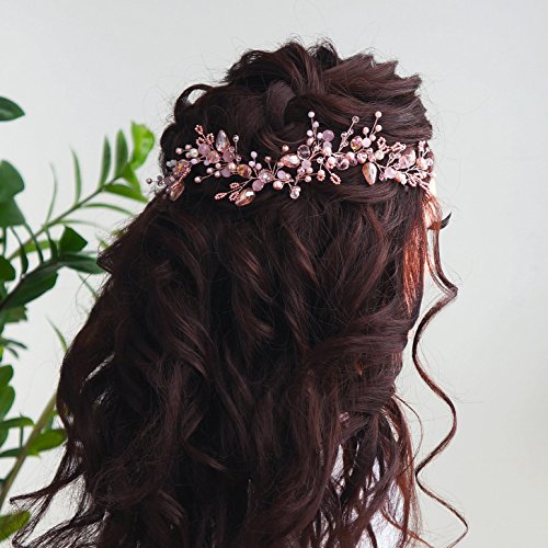 Kercisbeauty Rose Gold Pink Crystal Pearl Boho Headband