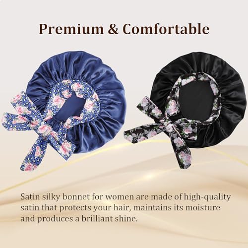 2Pcs Large Satin Sleep Bonnet with Adjustable Tie Bands - Black (Set of 2)