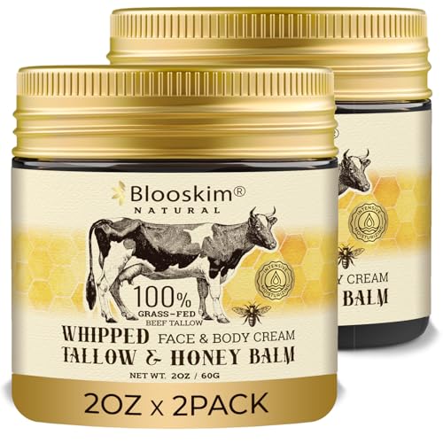 Blooskim Beef Tallow Honey Balm 2oz (Pack of 2) – Whipped Organic Moisturizer for Dry Skin