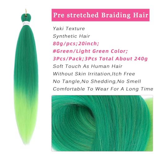 Msloosily 20 Inch Pre-Stretched Ombre Green Braiding Hair 3 Packs, Soft Yaki Texture, Itch-Free, Hot Water Extensions