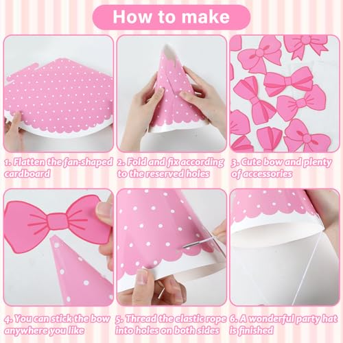 24pcs Pink Cone Party Hats with Bow - Cute Birthday Supplies