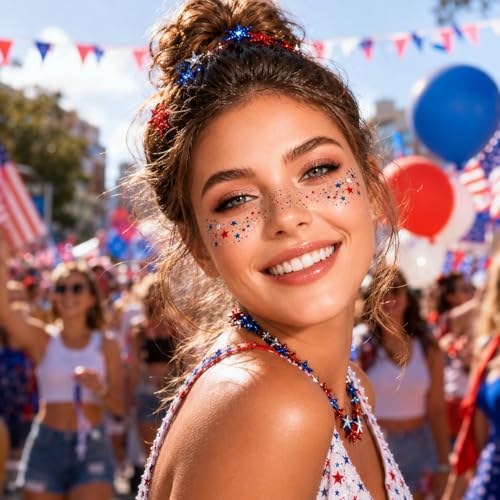 Patriotic Face Stickers - 10 Pcs Red White Blue Star Tattoos for Women