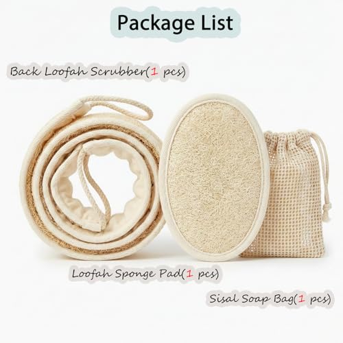 2-Pack Natural Loofah Back Scrubber Set with Exfoliating Body Loofah and Soap Bag