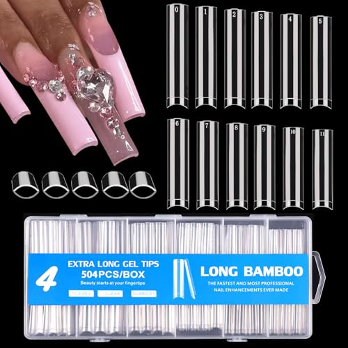 Dudjndjd 504 Pcs No C Curve Square Nail Tips with Box, XXXL Half Cover Clear Nails for Acrylic & Nail Art