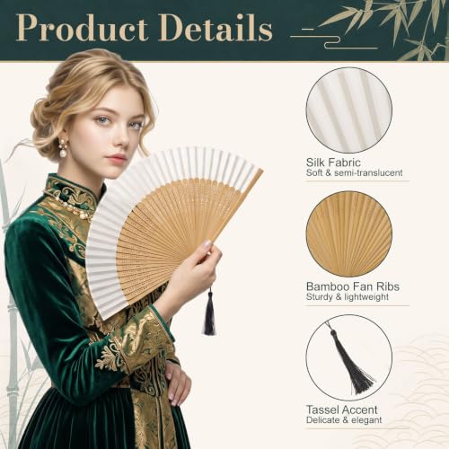 Vintage Bamboo Silk Folding Hand Fan for Women - 8.3x15 inches