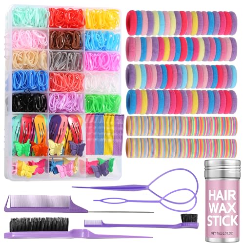 Girls Hair Accessories Set with 1350 Elastic Ties & Clips