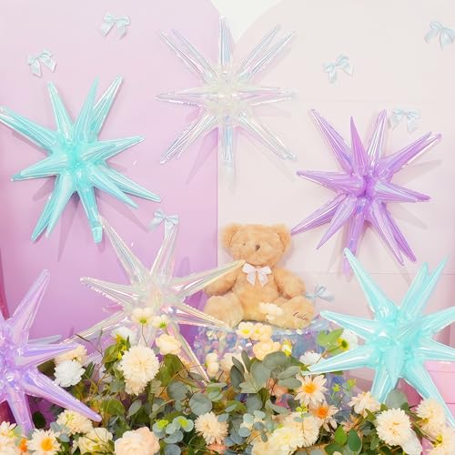 Iridescent Star Balloons - 6 Pcs Holographic Party Decor, 22 Inch