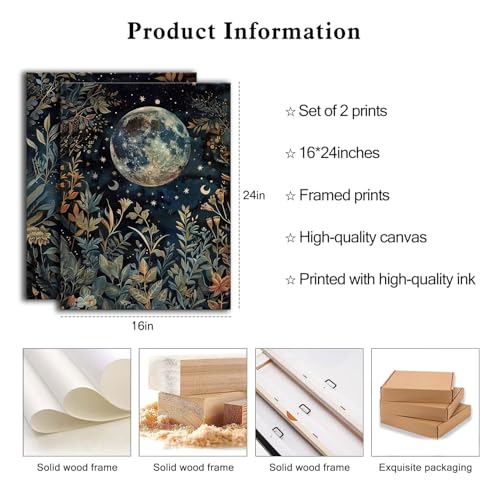 Botanical Canvas Wall Art Set - Celestial Moon & Floral Prints 16x24