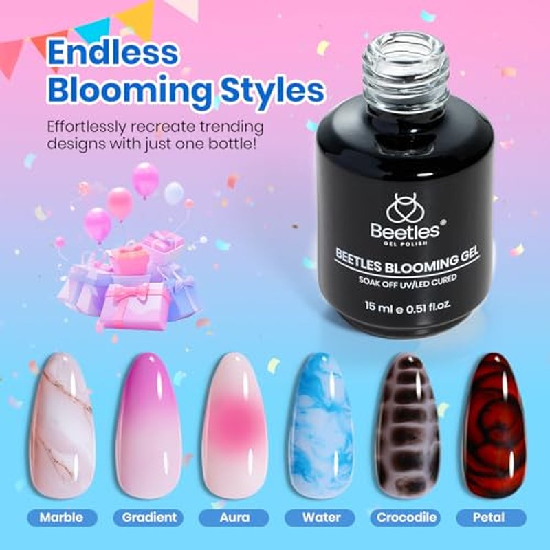 Beetles Blooming Gel 15ml Clear Uv Led Aura Nails Gel Polish for Spreading Effect Marble Natural Stone Watercolor Floral Print Soak Off Diy Nail Art Design Manicure Gift for Women