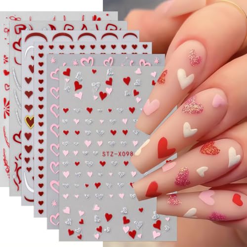 TANYOOTO Valentine's Day Heart Nail Stickers - 6 Sheets, Pink Red Burgundy, Valentine's Style-05