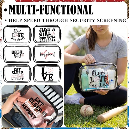 12 Pack Clear PVC Makeup Bags with Baseball Theme, Portable Gift Storage