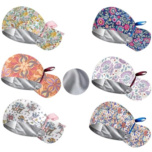 6-Pack Satin-Lined Scrub Caps with Buttons and Ponytail Pouch