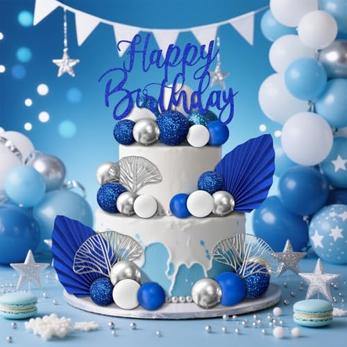 Blue and Gold Ball Cake Toppers - 24-Piece Boho Decoration Set
