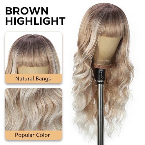 Wig with Bangs Long curly wavy Wigs for Women 26IN