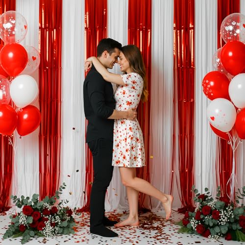 Zhanmai Red and White Foil Fringe Curtains - 2 Pack 3.28x8.2 ft Tinsel Backdrop for Parties