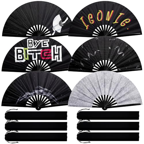 FairySandy 6 Pcs Large Bamboo Folding Rave Fans - Lightweight Handheld Clack Fans for Parties & Dance