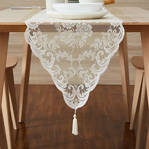 Ivory Lace Table Runner with Tassels - 14 x 36 Inch for Weddings & Holidays
