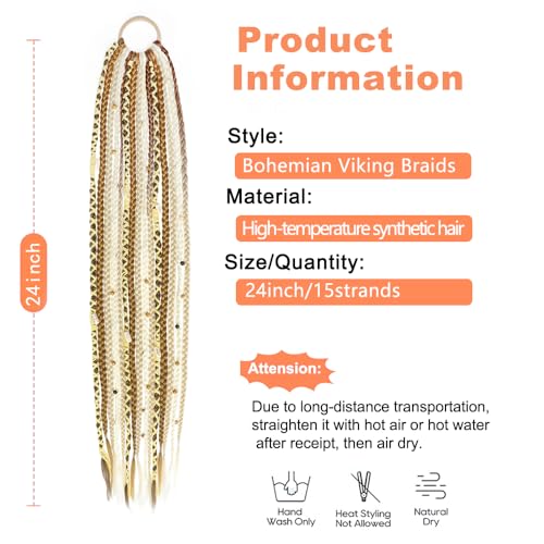 24-Inch Ombre Blonde Braided Ponytail Hair Extensions with Beads | Handmade Synthetic Dreadlocks