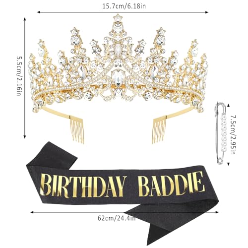 Gold Birthday Crown and Black Birthday Baddie Sash Set for Women