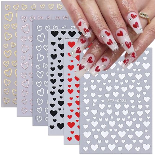 6 Sheets Valentine's Heart Nail Art Stickers - 3D Self-Adhesive Designs